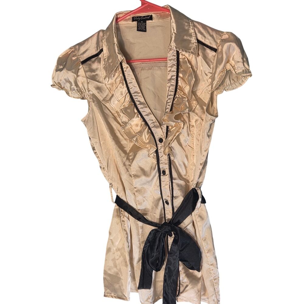 Body Central Champagne Satin Ruffle Blouse Y2K Short Sleeve Tie Waist Medium